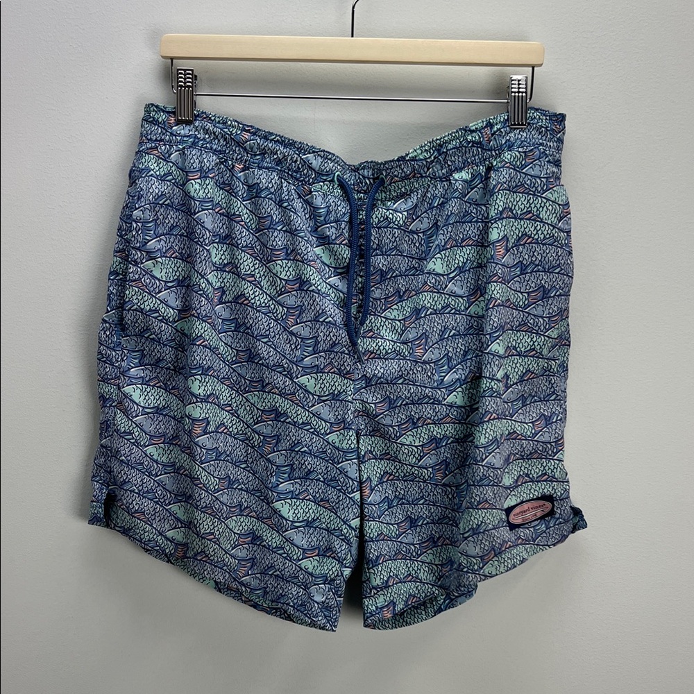 Vineyard Vines Swim Trunks Chappy Fish Print Blue Green Mens Medium Resort Wear